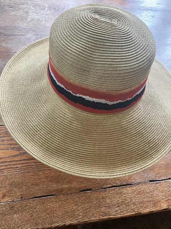 Nordstrom Straw Wide Brim Adjustable Hat With Red Black and Blue Band